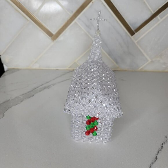 Handcrafted Beaded Church With Cross Clear Red & Green Beads sparkle table decor - Picture 3 of 9